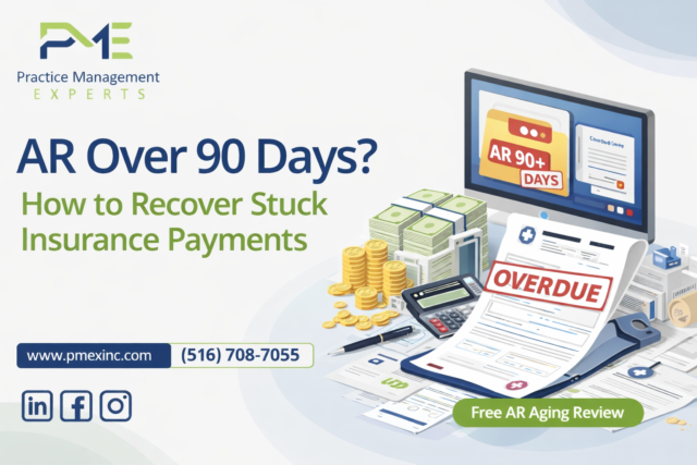 AR over 90 days medical billing graphic showing overdue insurance claims and payment recovery solution by Practice Management Experts